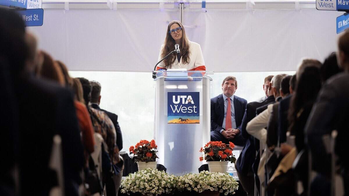UTA President Jennifer Cowley speaks during the ground-breaking for the new UTA West campus on Thursday, April 3, 2025. She announced she would step down from her role as president on Aug. 31.